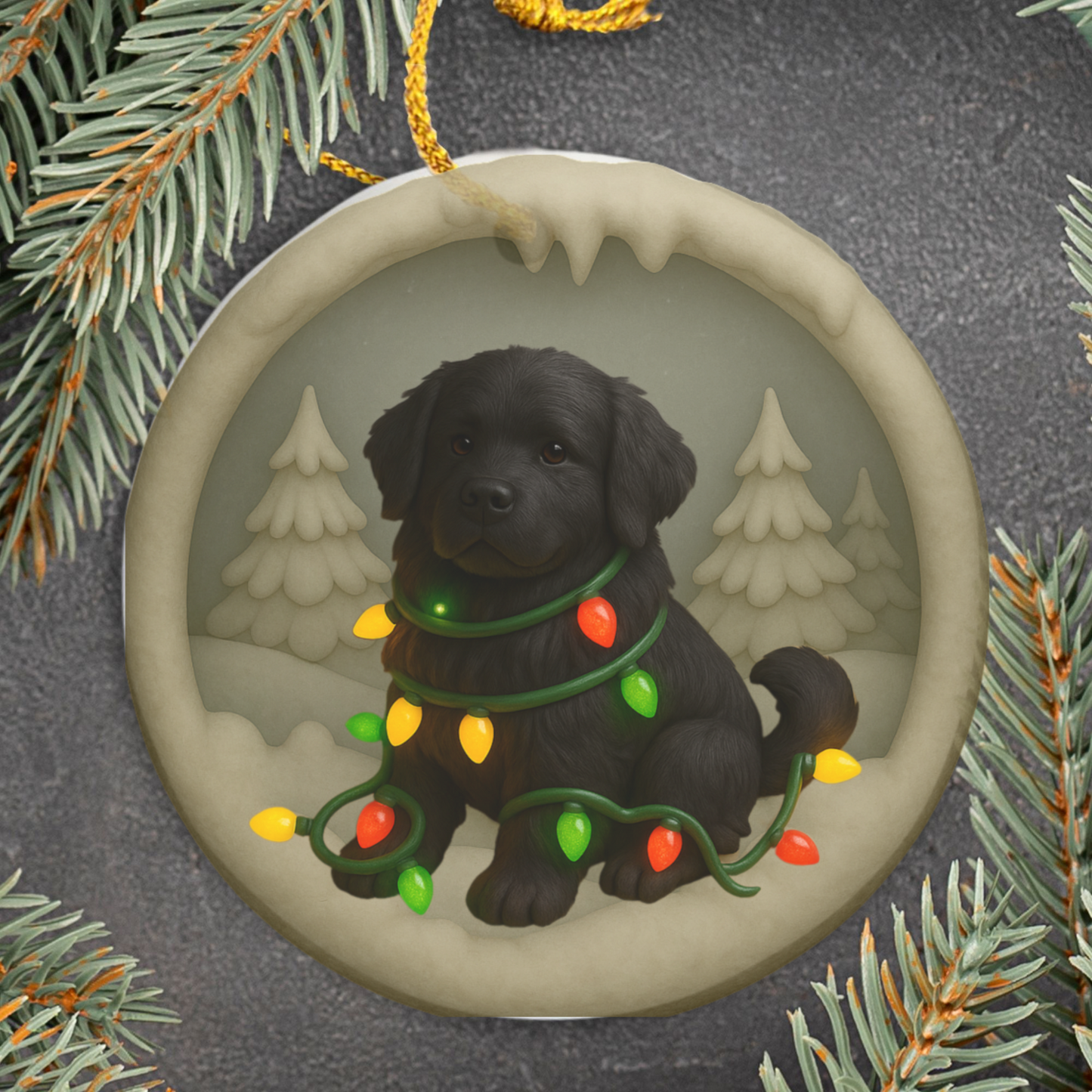 Personalized Black Newfoundland Christmas Ornament, 3D Clay-Style Dog Keepsake with Lights