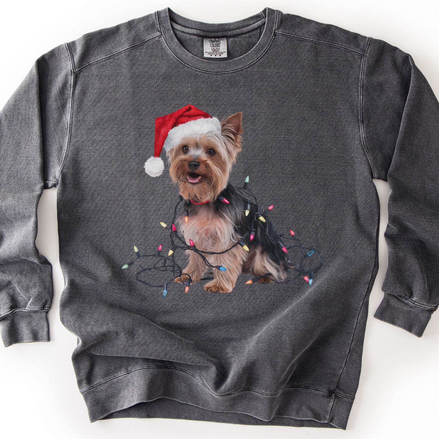 Christmas Yorkshire Terrier Sweatshirt, Festive Dog Lights, Yorkie Mom Holiday Apparel