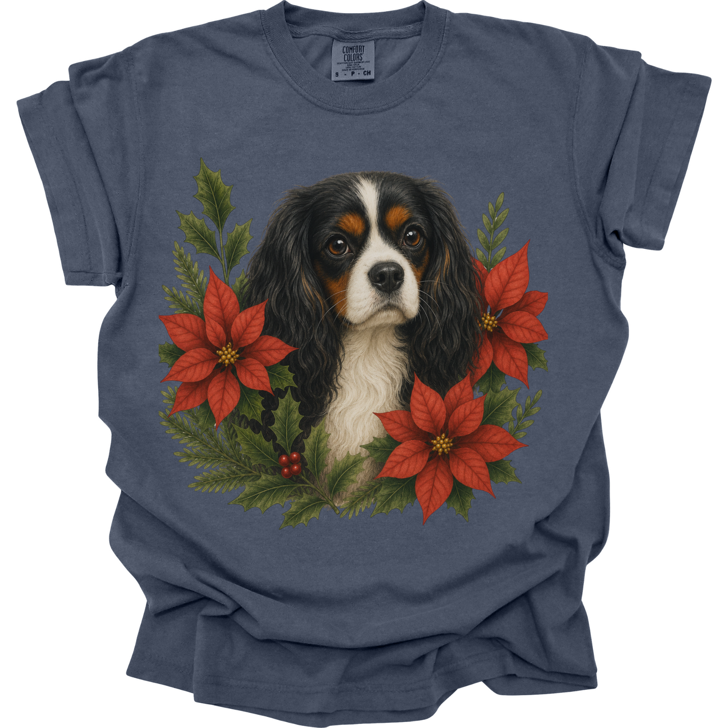 Tricolor Cavalier Christmas Shirt, Poinsettia Dog Mom Holiday Tee