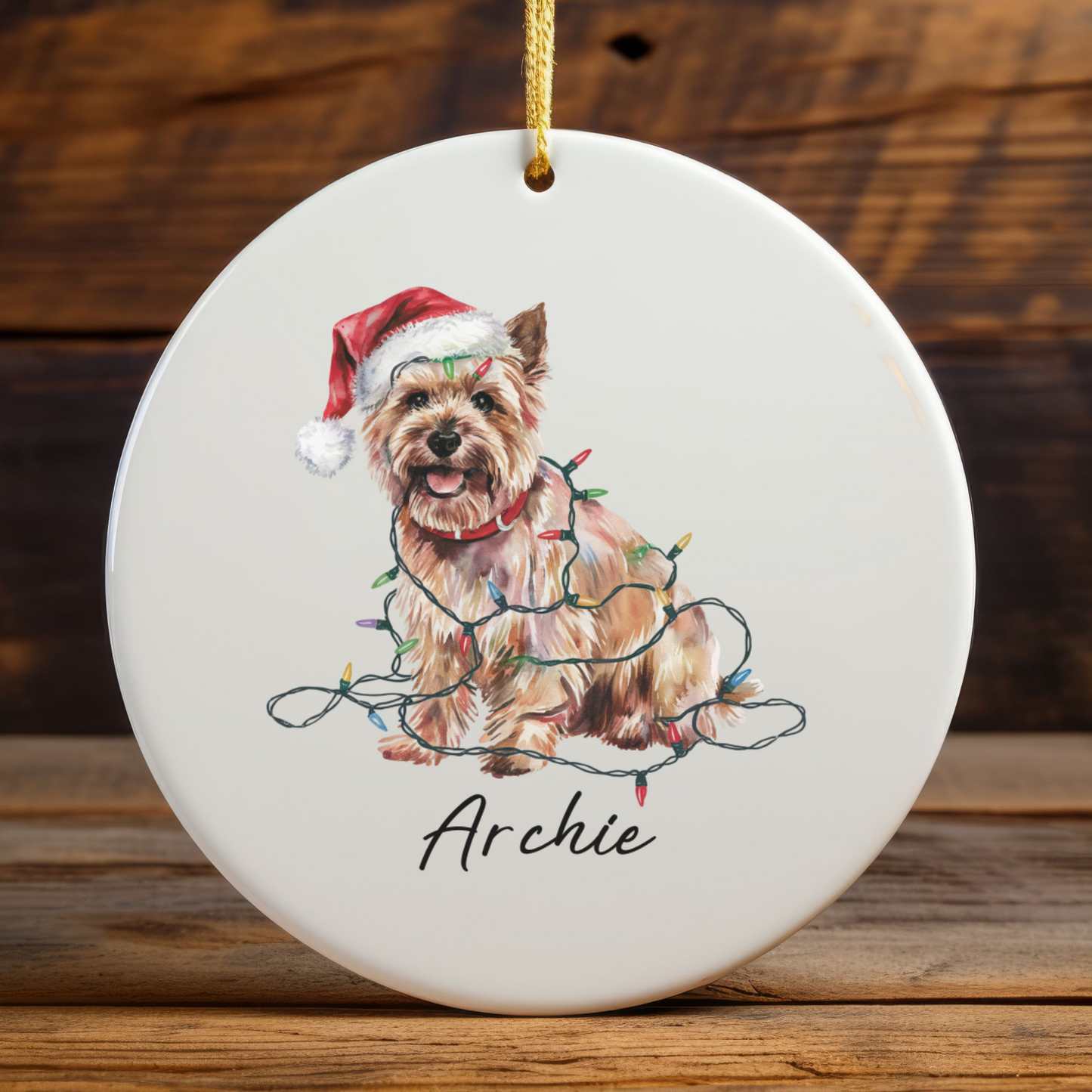 Personalized Cairn Terrier Christmas Ornament, Festive Dog Lights Keepsake, Ceramic Tree Decoration