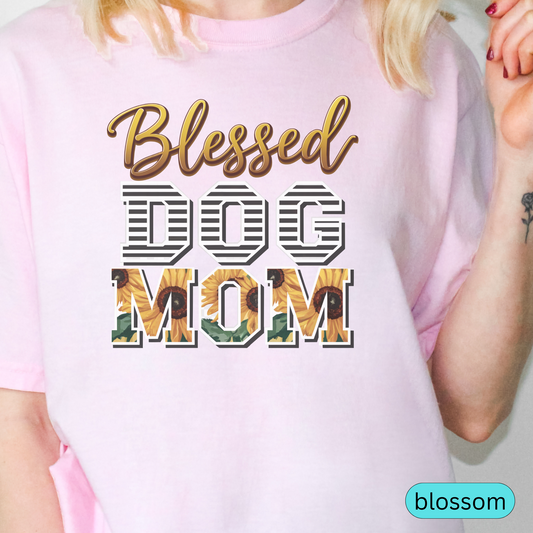 Blessed Dog Mom T-Shirt with Sunflower and Stripes Design, Cute Pet Lover Shirt, Gift for Dog Moms, Paw Print Dog Mama Tee