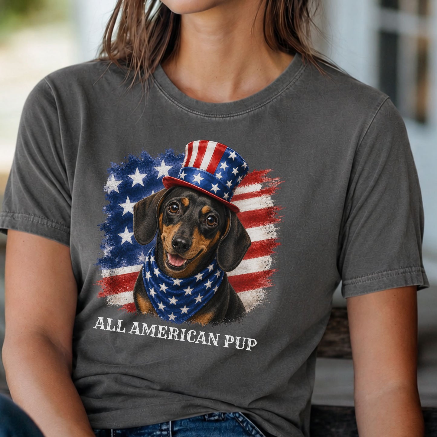 Patriotic Black and Tan Dachshund All American Pup Shirt