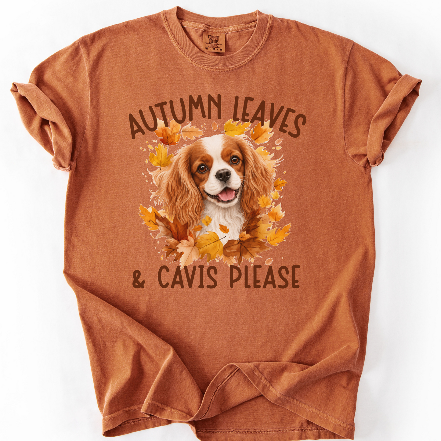 Blenheim Cavalier Mom Fall Shirt, Autumn Leaves & Cavaliers Please