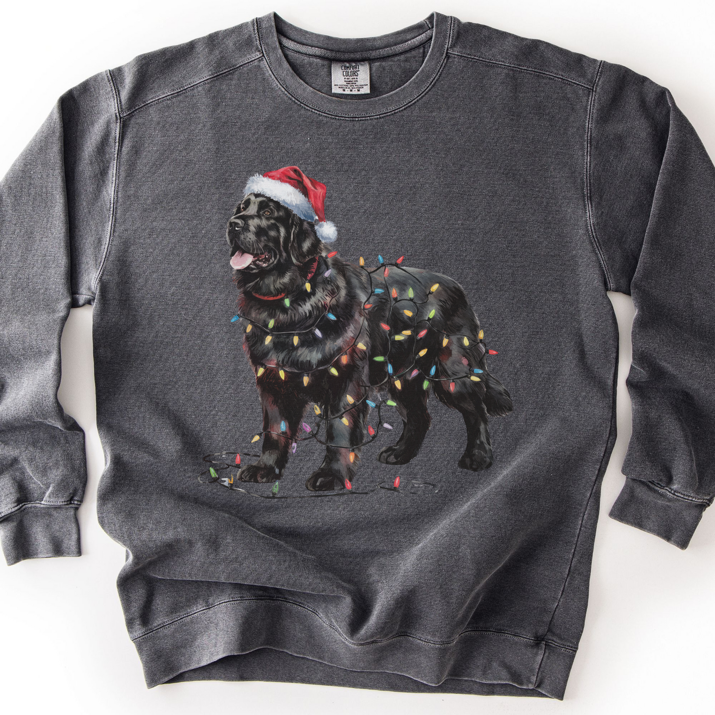 Newfoundland Dog Christmas Lights Sweatshirt, Festive Black Newf Sweater
