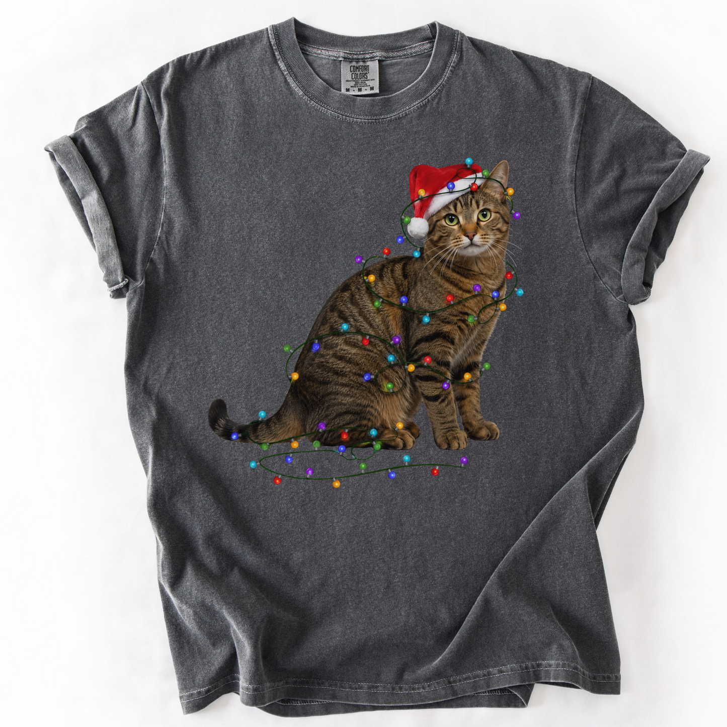 Brown Tabby Cat Christmas Lights Shirt, Comfort Colors Holiday Cat Lover Tee