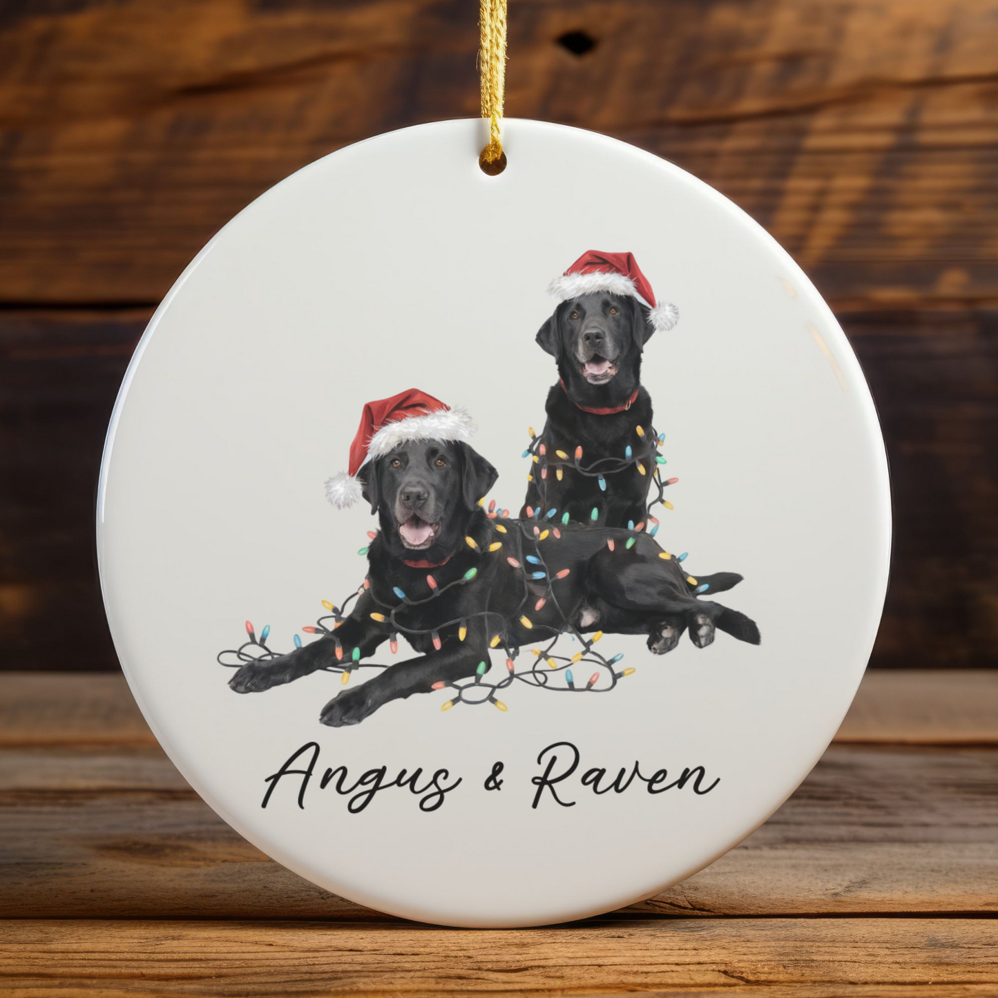 Personalized Black Lab Christmas Ornament: Festive Dog Duo with Lights, Ceramic Keepsake