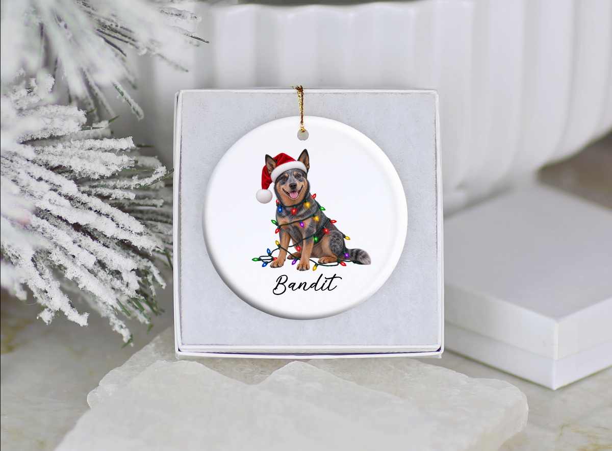 Australian Cattle Dog Personalized Christmas Ornament, Blue Heeler Ceramic Keepsake, Custom Dog Name Gift