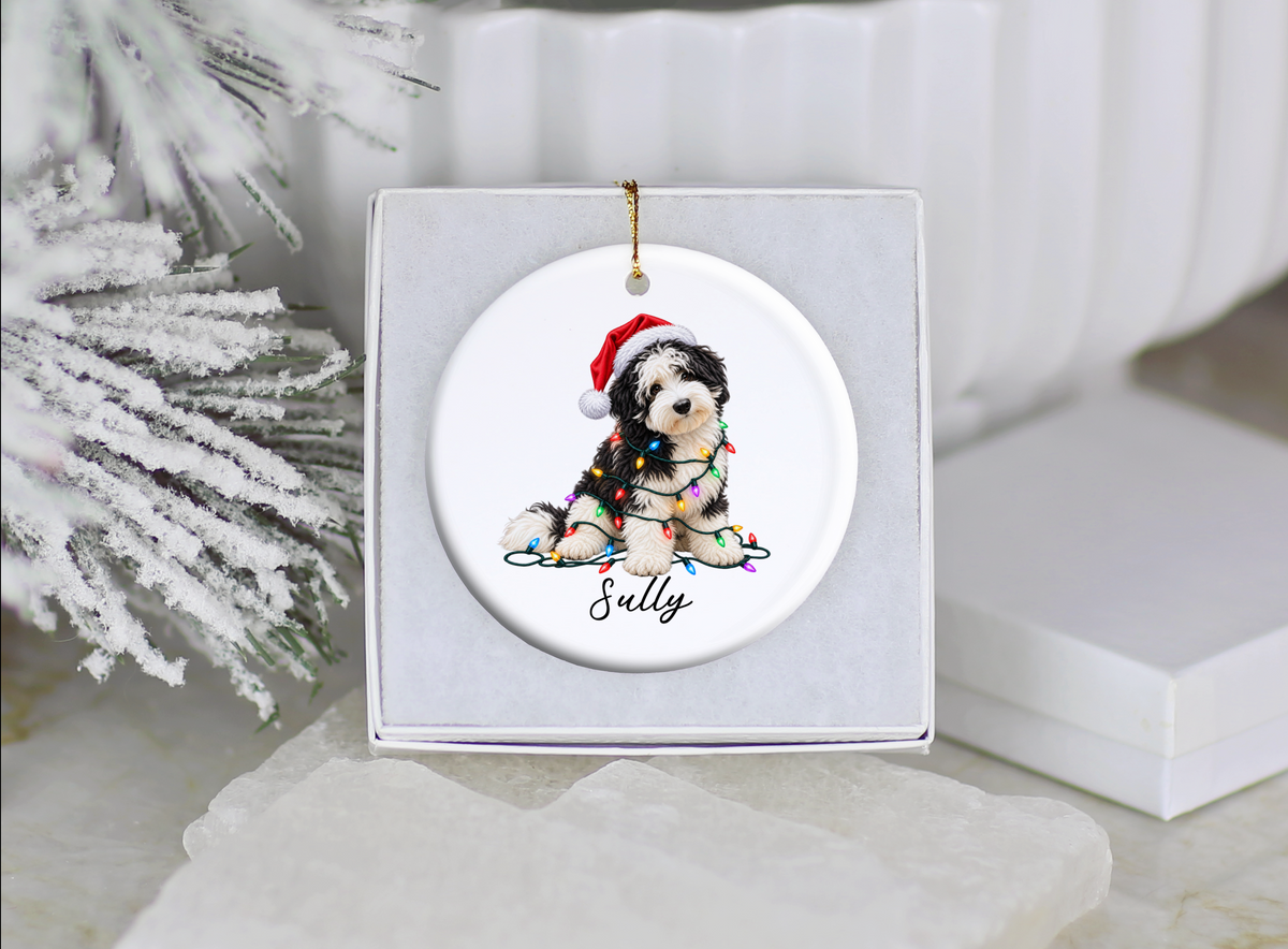 Sheepadoodle Personalized Christmas Ornament, Custom Dog Name Ceramic Keepsake, Sheepadoodle Lover Gift
