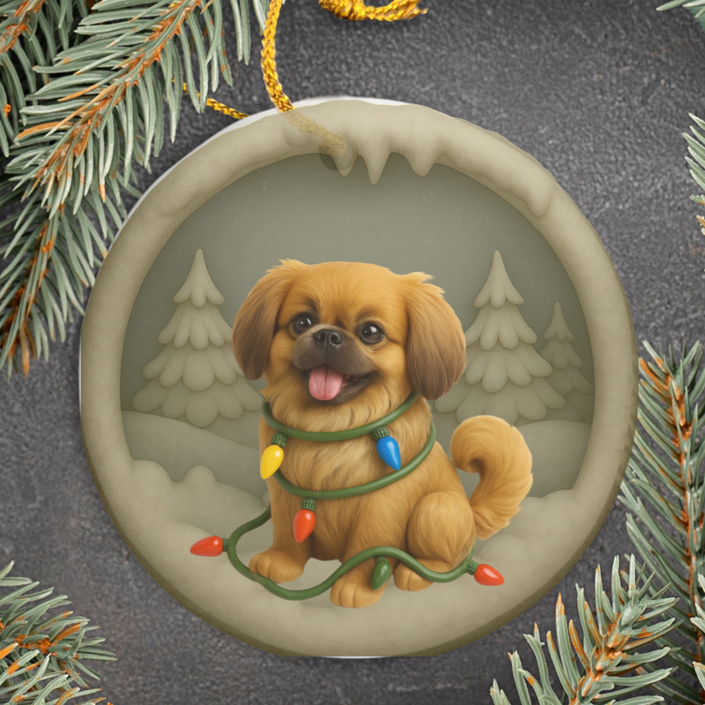 Personalized Pekingese Christmas Ornament, 3D Clay-Style Dog Keepsake with Lights