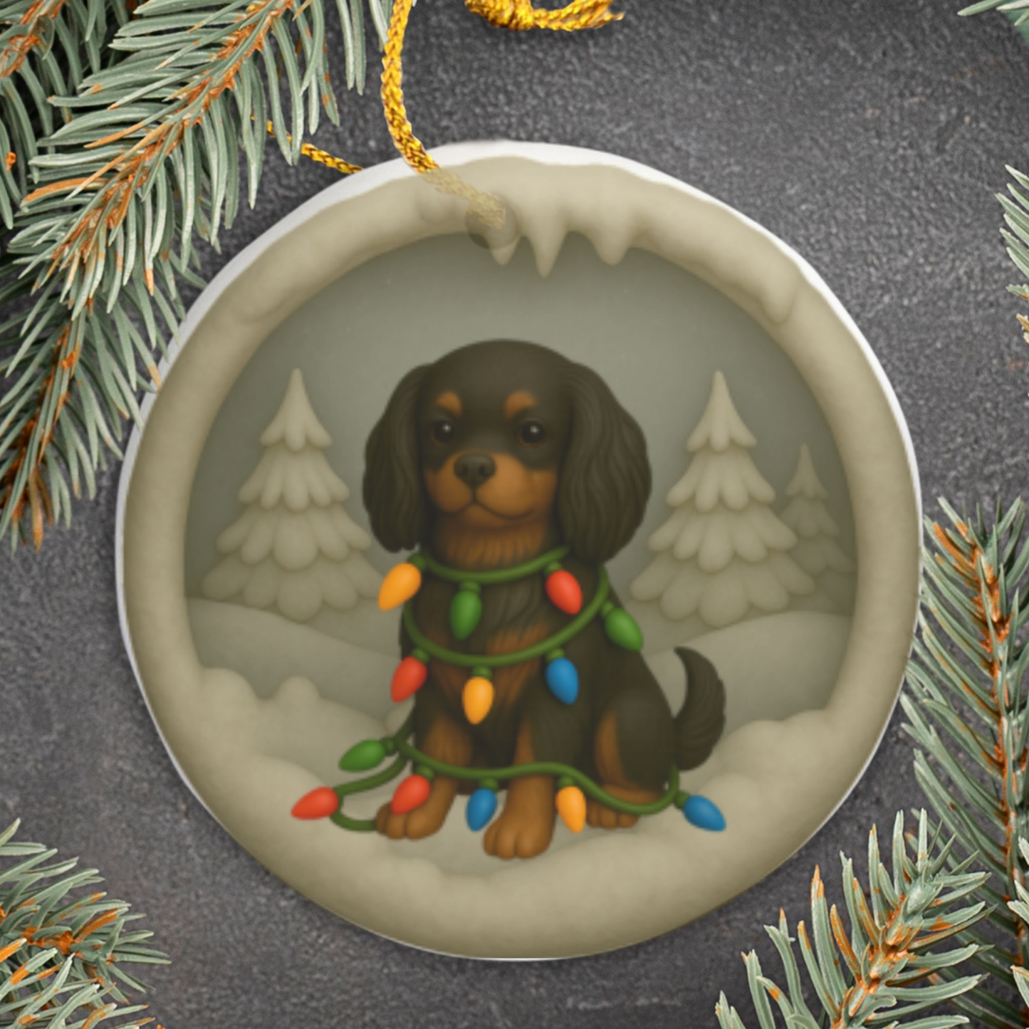 Personalized Black and Tan Cavalier King Charles Spaniel Christmas Ornament, 3D Clay-Style Dog Keepsake with Lights