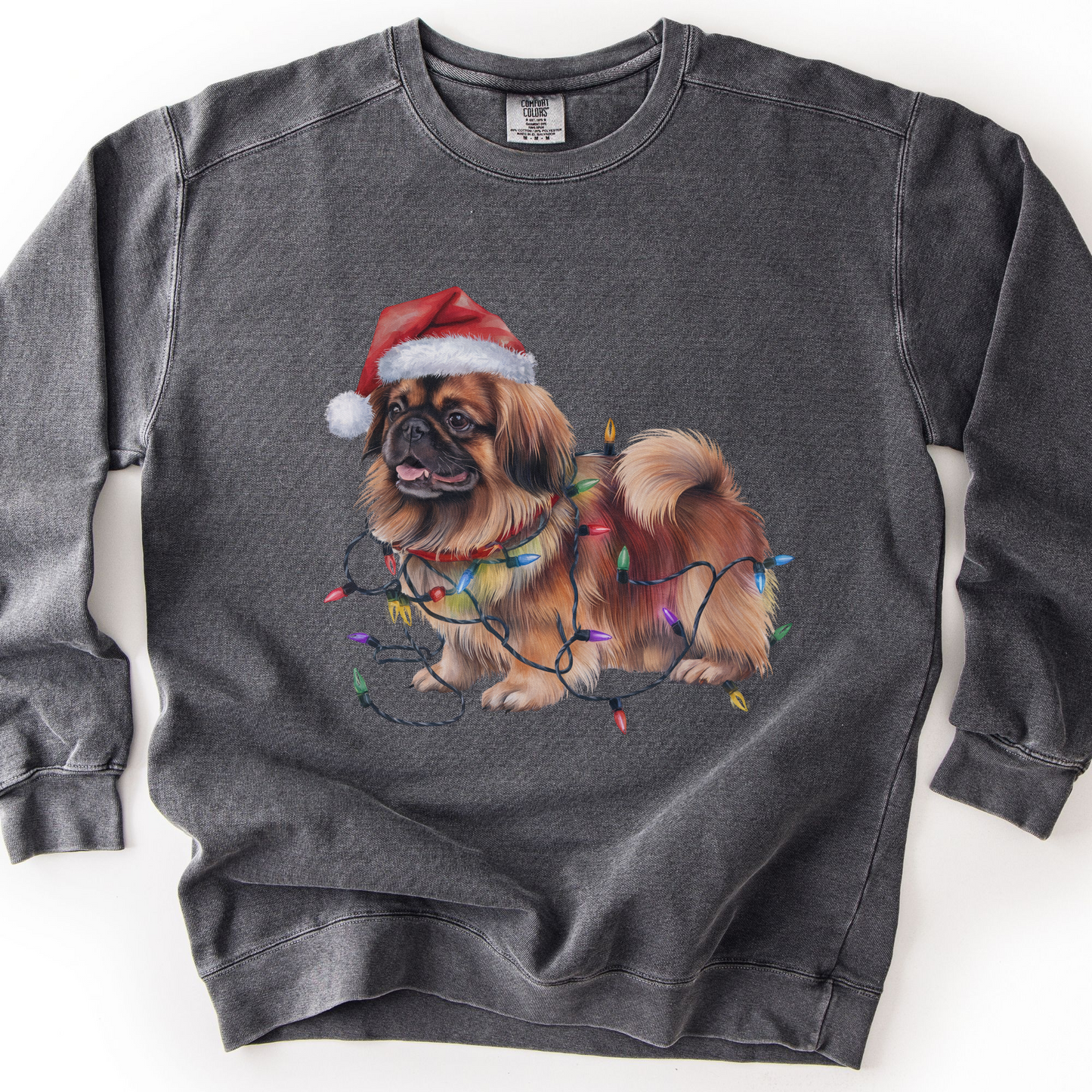 Pekingese Christmas Lights Dog Sweatshirt, Festive Holiday Pet Lover Apparel