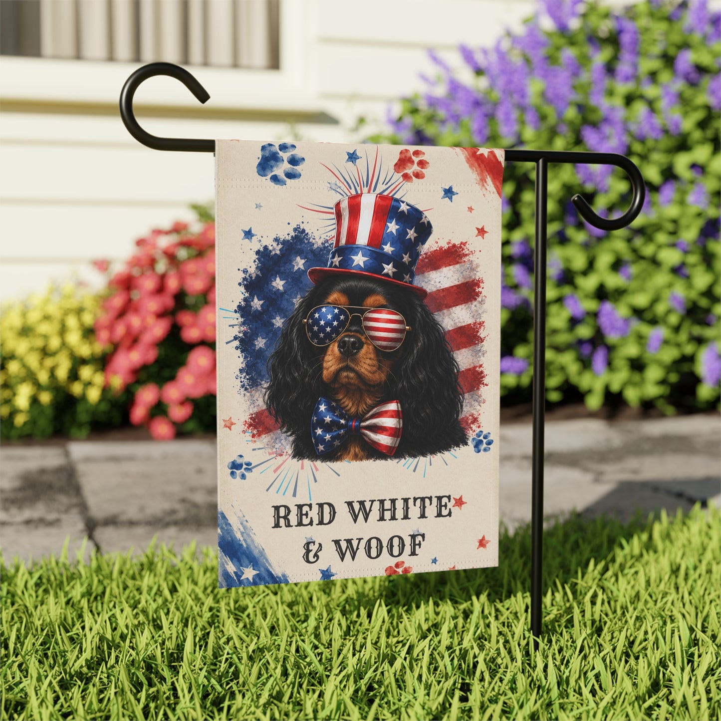 Patriotic Black and Tan Cavalier Garden Flag