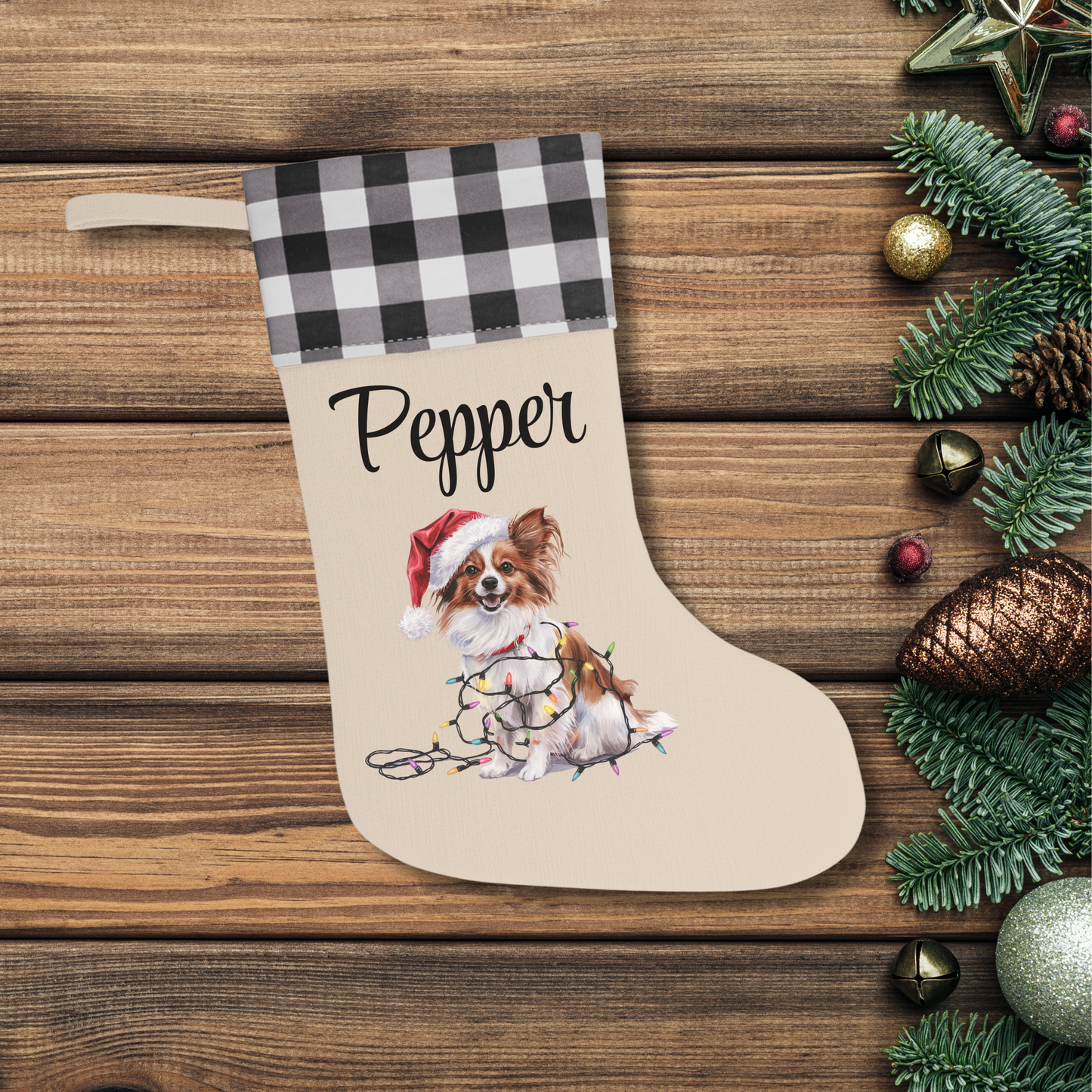 Personalized Papillon Christmas Stocking, Holiday Decor Gift for Pet Lovers