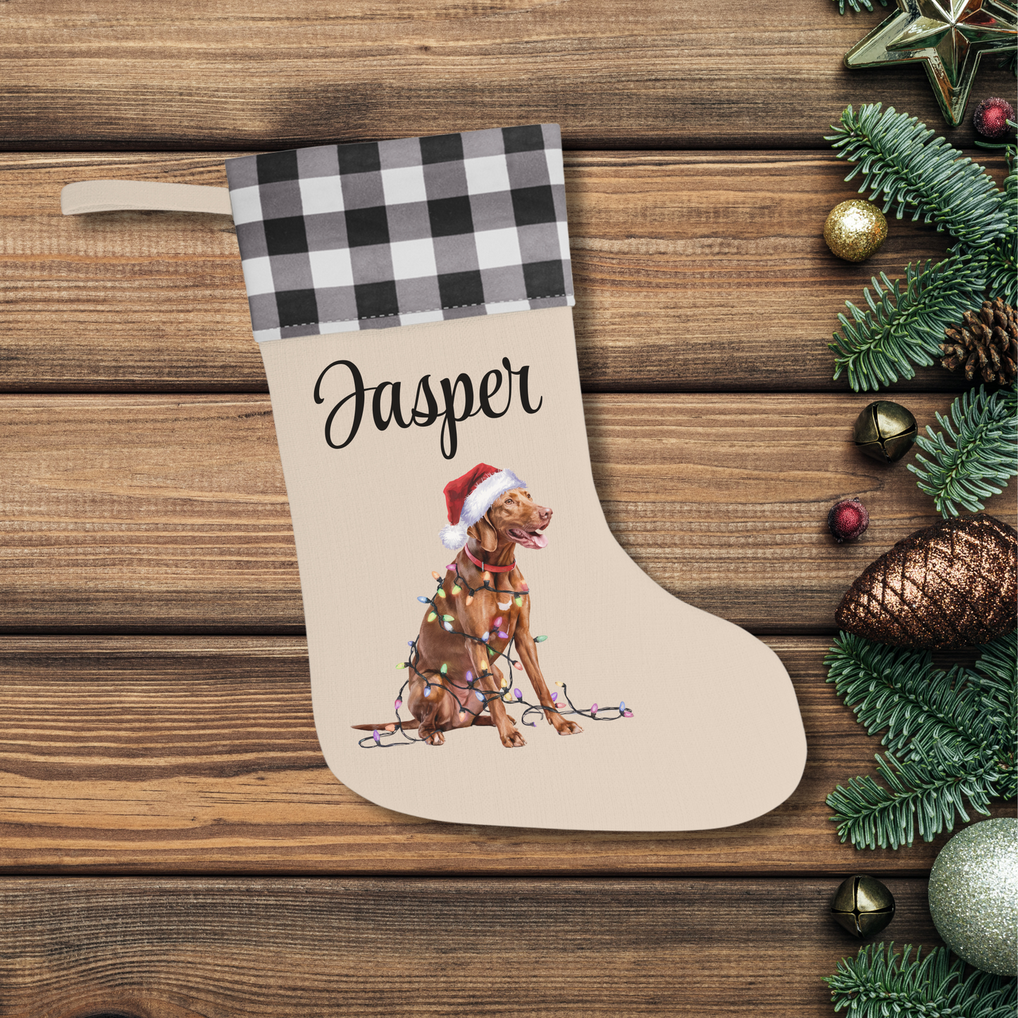 Personalized Vizsla Christmas Stocking, Holiday Decor Gift for Pet Lovers