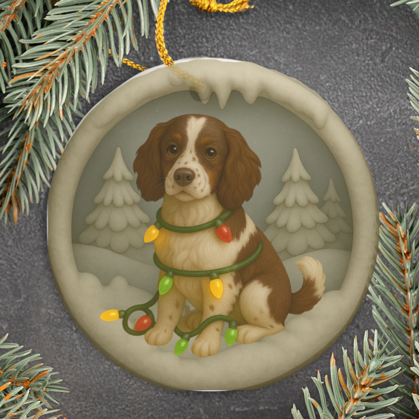 Personalized Springer Spaniel Christmas Ornament, 3D Clay-Style Dog Keepsake with Lights