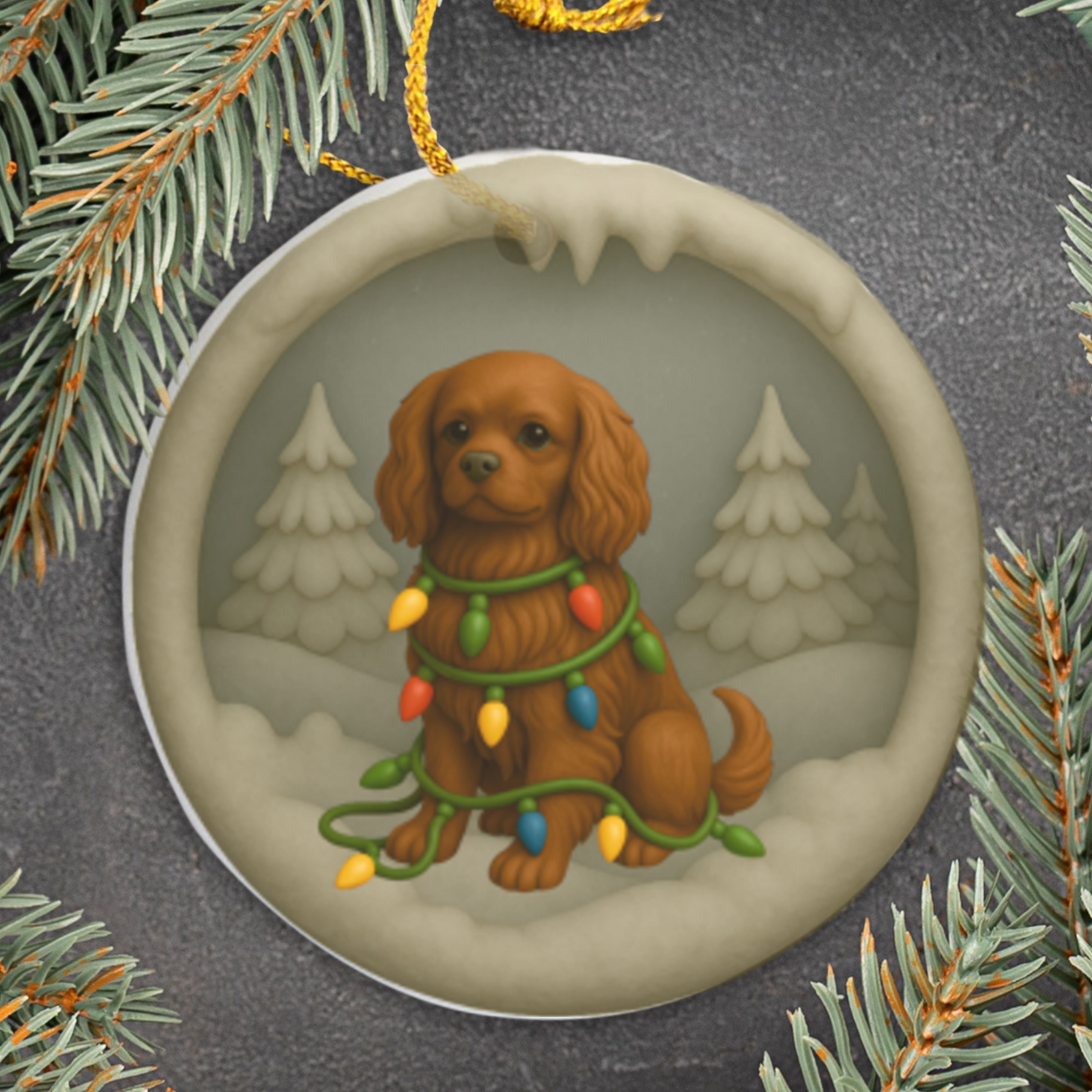Personalized Ruby Cavalier King Charles Spaniel Christmas Ornament, 3D Clay-Style Dog Keepsake with Lights