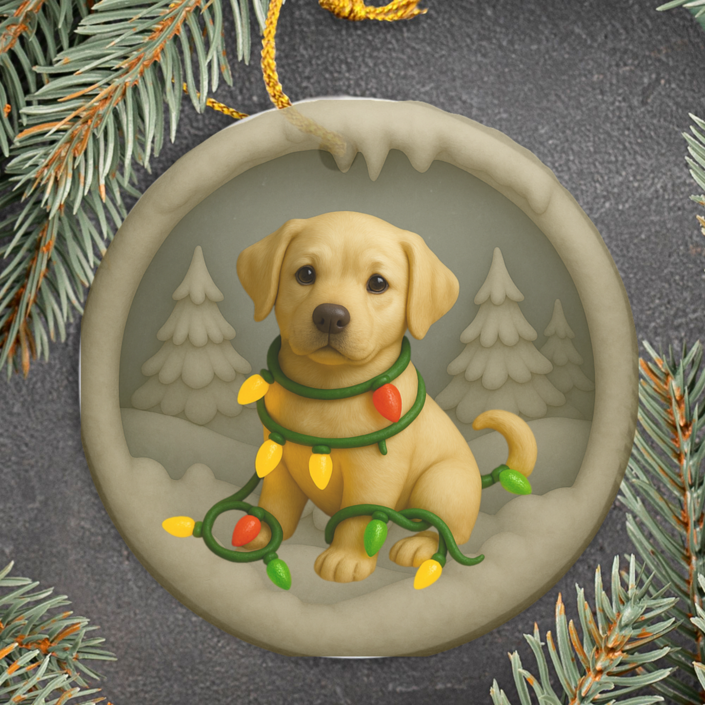 Personalized Yellow Lab Christmas Ornament, Custom Labrador Retriever with Holiday Lights Keepsake