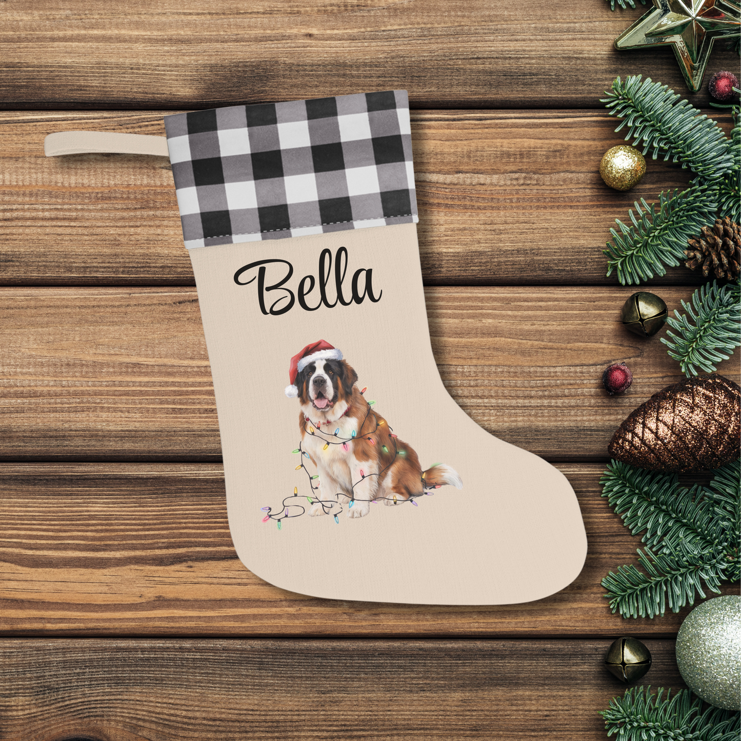 Personalized Saint Bernard Christmas Stocking, Holiday Decor Gift for Pet Lovers
