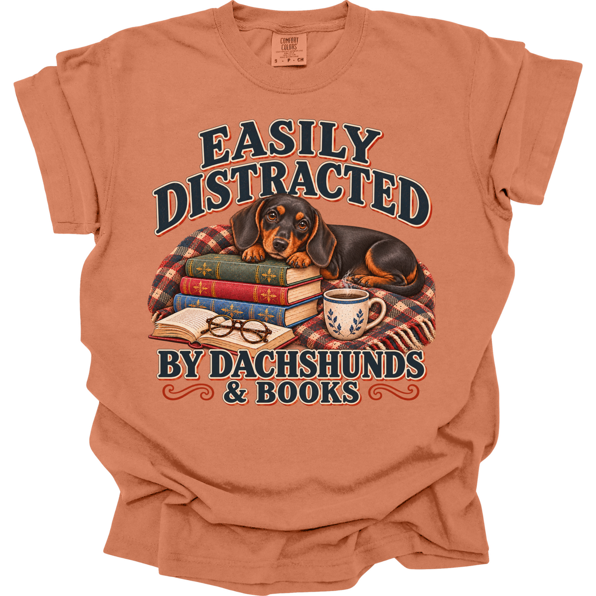 Black Tan Dachshund Shirt, Easily Distracted by Dachshunds and Books, Doxie Book Lover Tee