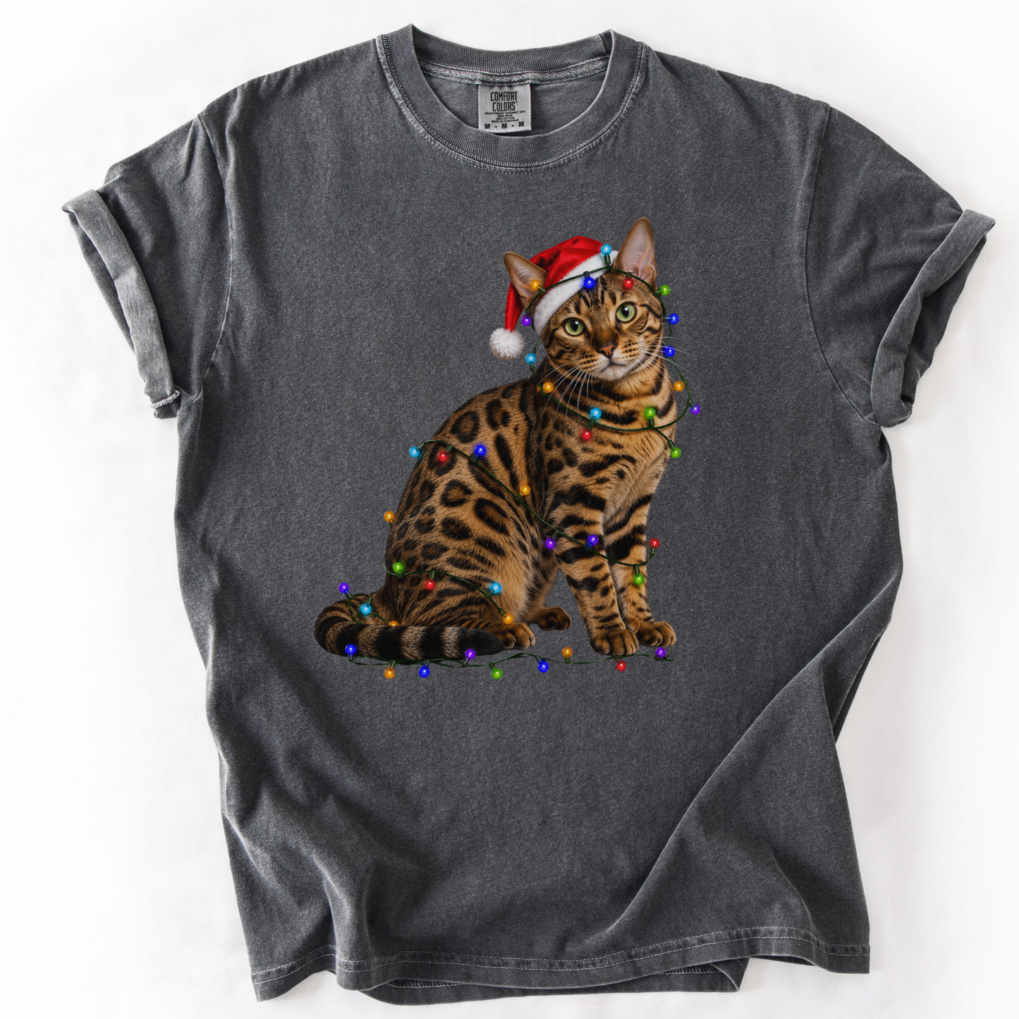 Bengal Cat Christmas Lights Shirt, Comfort Colors Holiday Cat Lover Tee