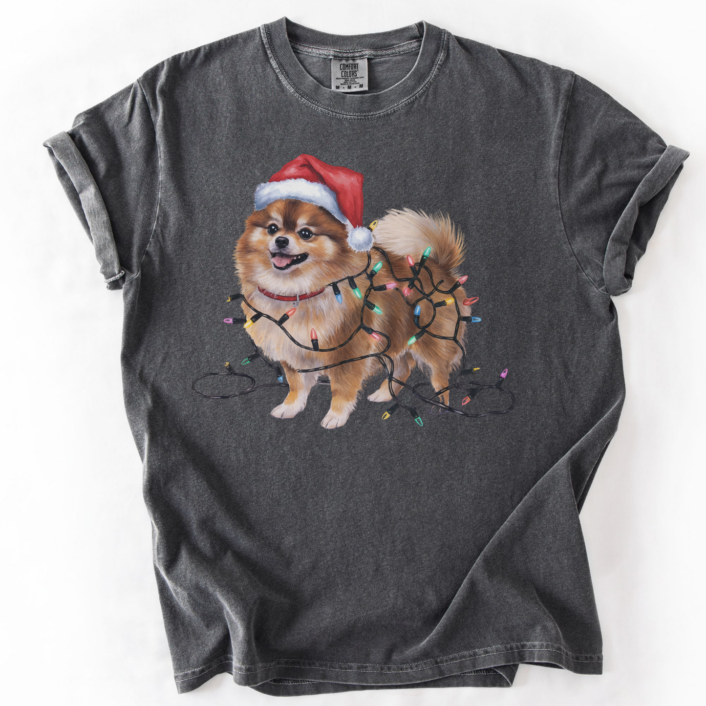 Pomeranian Christmas Lights Shirt, Festive Holiday Tee for Fluffy Dog Lovers
