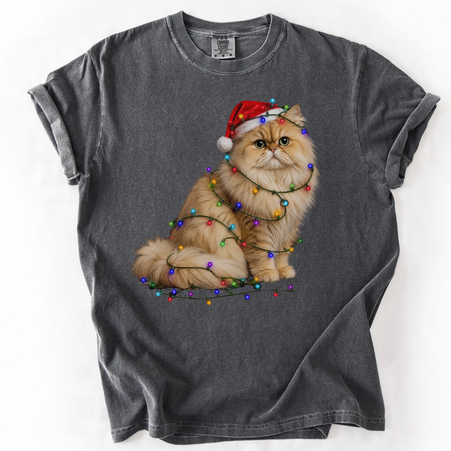 Persian Cat Christmas Lights Shirt, Comfort Colors Holiday Cat Lover Tee