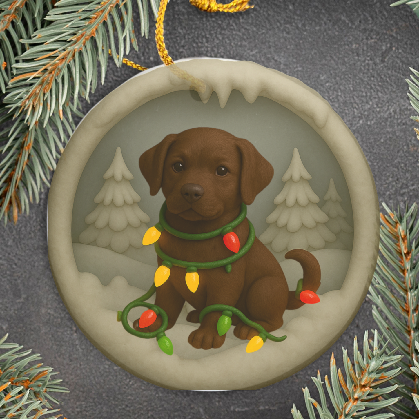 Personalized Chocolate Lab Christmas Ornament, Custom Labrador Retriever with Holiday Lights Keepsake