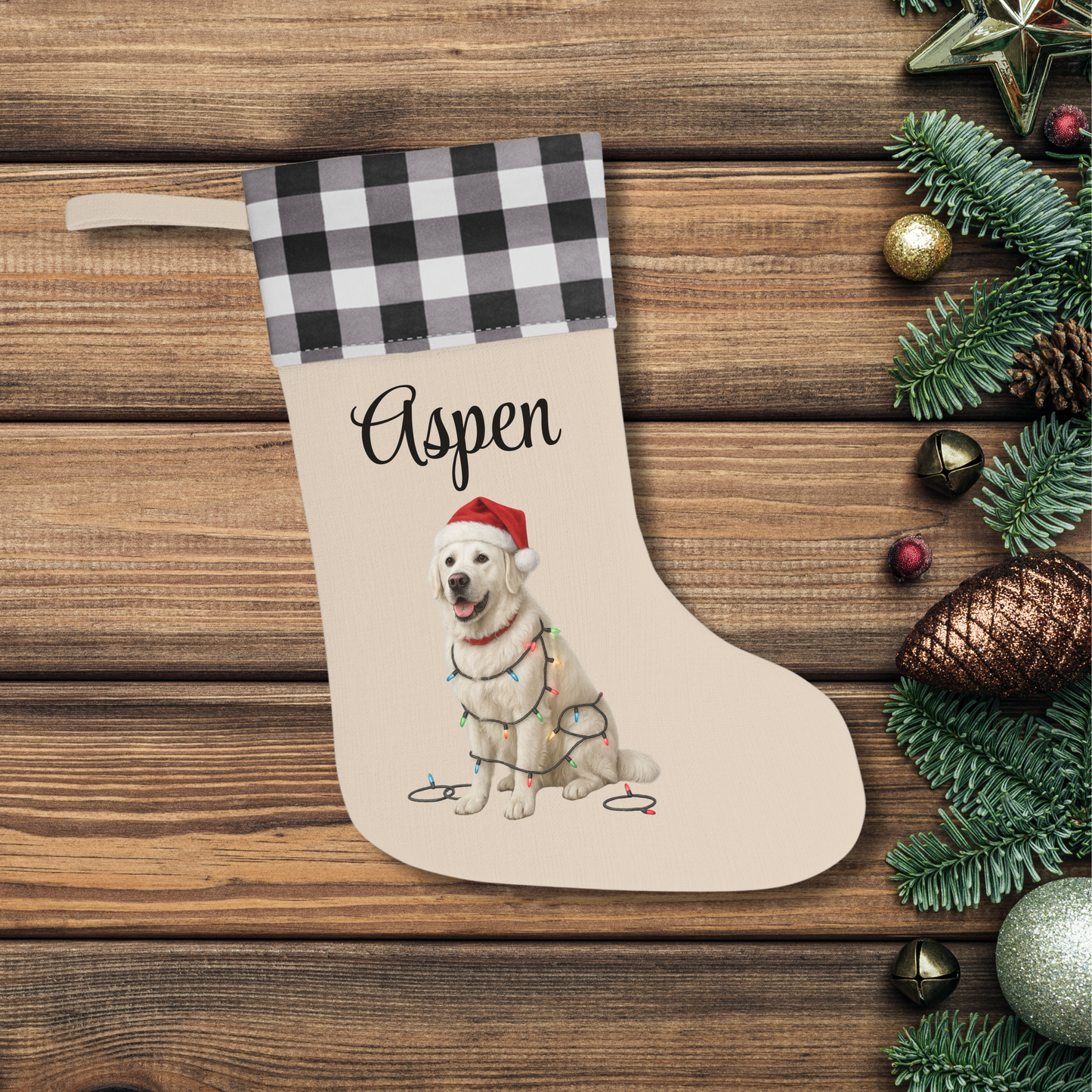 Personalized English Cream Golden Retriever Christmas Stocking, Custom Dog Name Stocking, Golden Retriever Lover Gift, Holiday Mantel Decor