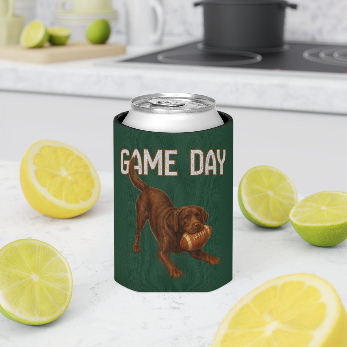 Personalized Chocolate Lab Game Day Can Cooler, Custom Football Labrador Koozie Gift