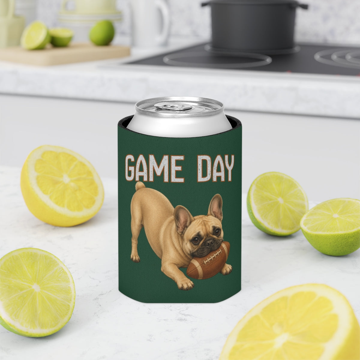 Personalized French Bulldog Game Day Can Cooler, Custom Football Dog Koozie Gift