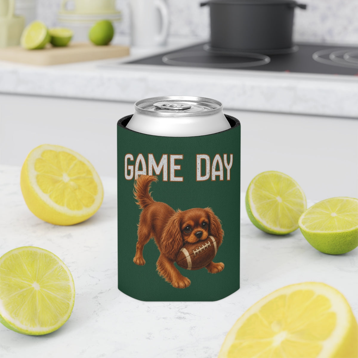 Personalized Ruby Cavalier Game Day Can Cooler, Custom Football Dog Koozie Gift