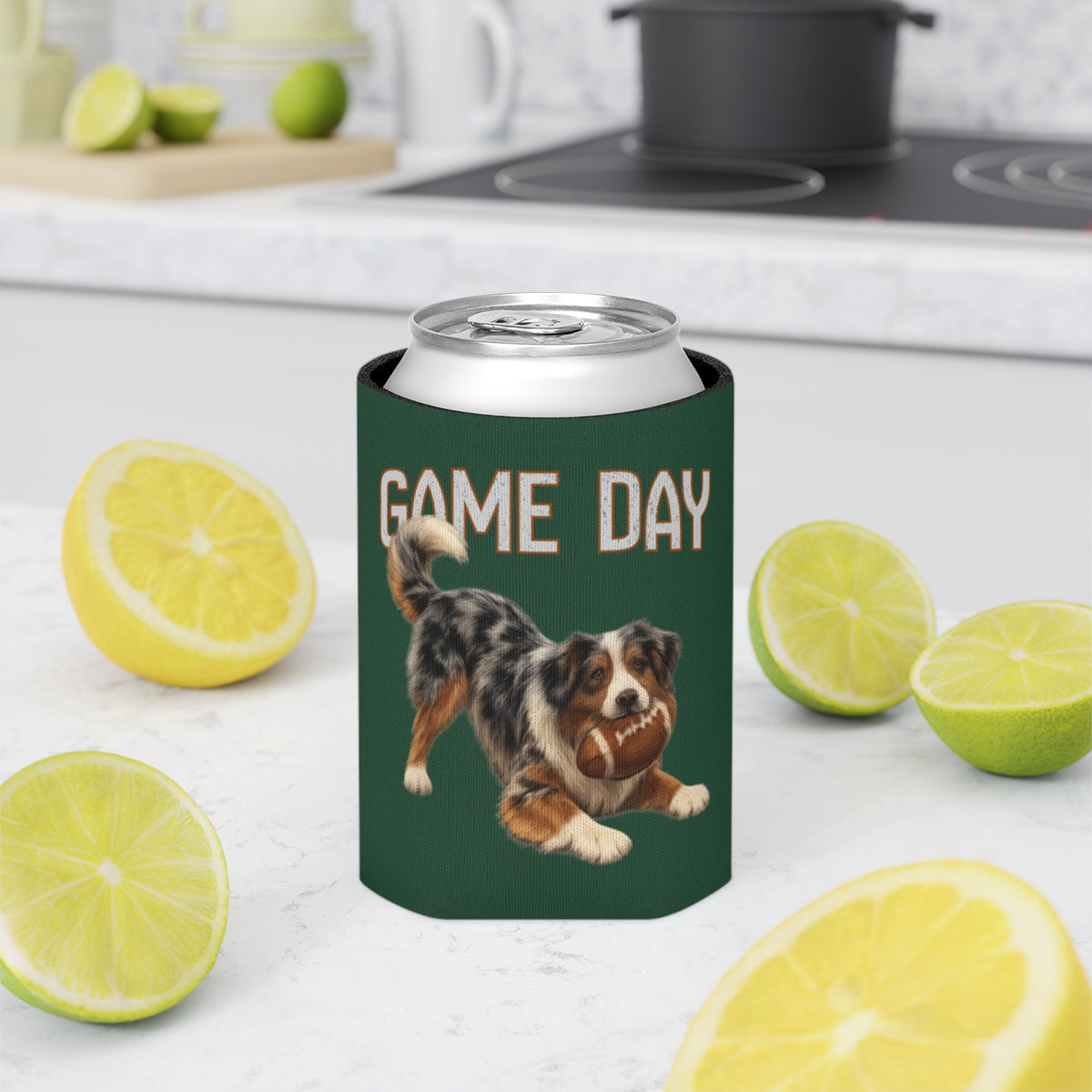 Personalized Australian Shepherd Game Day Can Cooler, Custom Football Dog Koozie Gift
