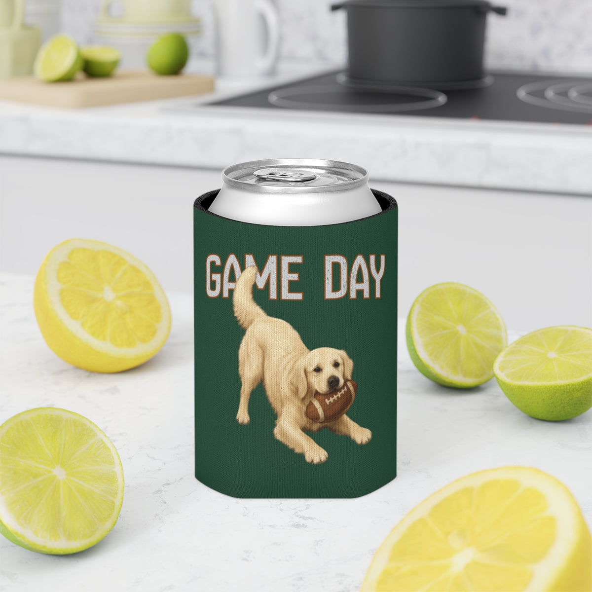 Personalized English Cream Golden Retriever Game Day Can Cooler, Custom Football Dog Koozie