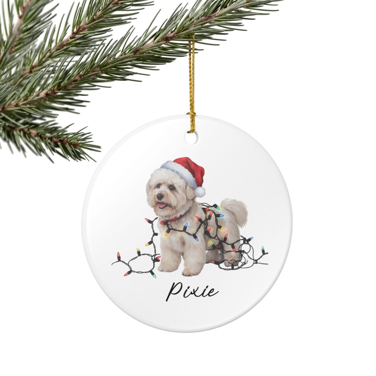 Personalized Bichon Frise Christmas Ornament, Ceramic Dog Santa Hat Lights Decoration