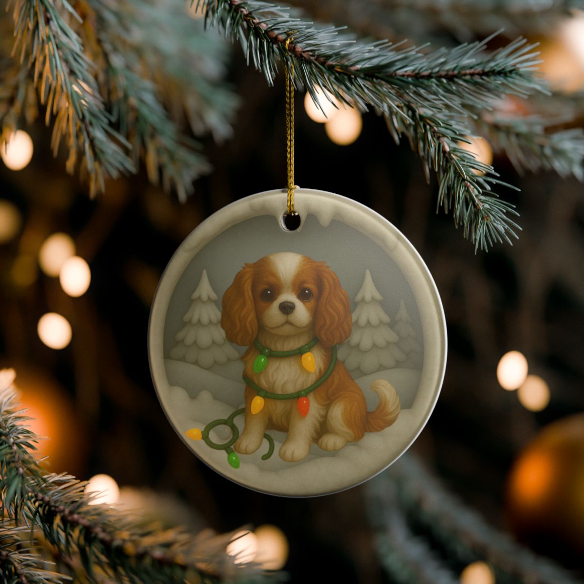 Personalizable Blenheim Cavalier King Charles Christmas Ornament, Custom Cavie with Holiday Lights Keepsake