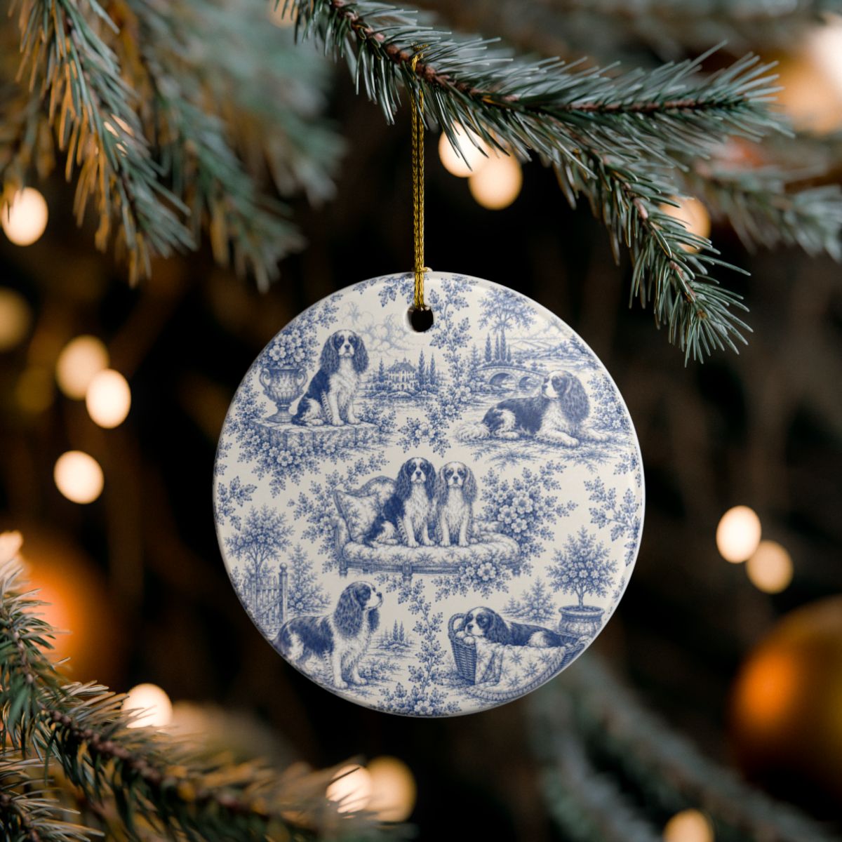 Cavalier French Blue Toile Dog Ornament