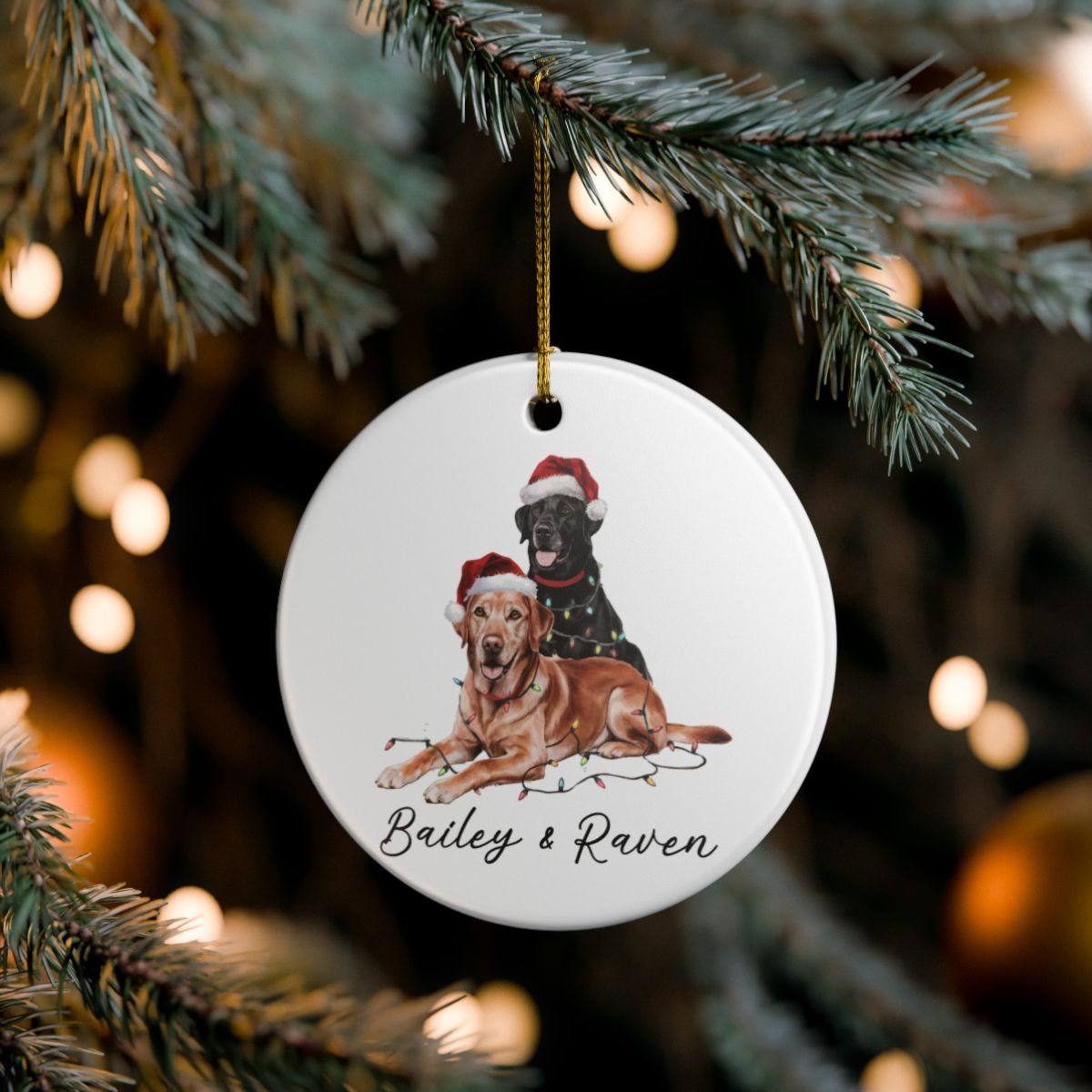 Personalized Red Fox and Black Labrador Christmas Lights Ornament