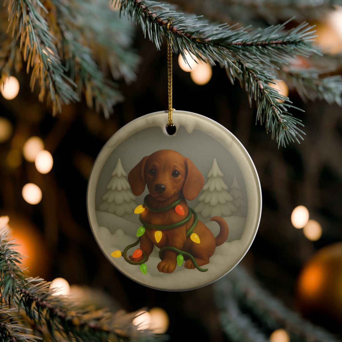 Personalized Red Dachshund Christmas Ornament, 3D Clay-Style Dog Keepsake with Lights