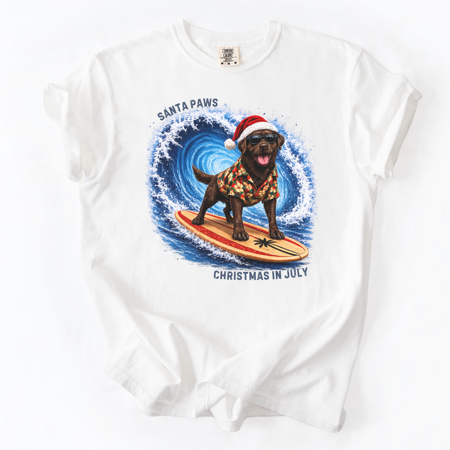 Christmas in July Gift for Chocolate Lab Lovers, Santa Paws Beach Shirt