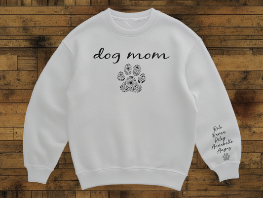 Personalized Dog Mom Sweatshirt with Custom Pet Names with Paw Print Cozy Gift for Dog Lovers and Pet Parents