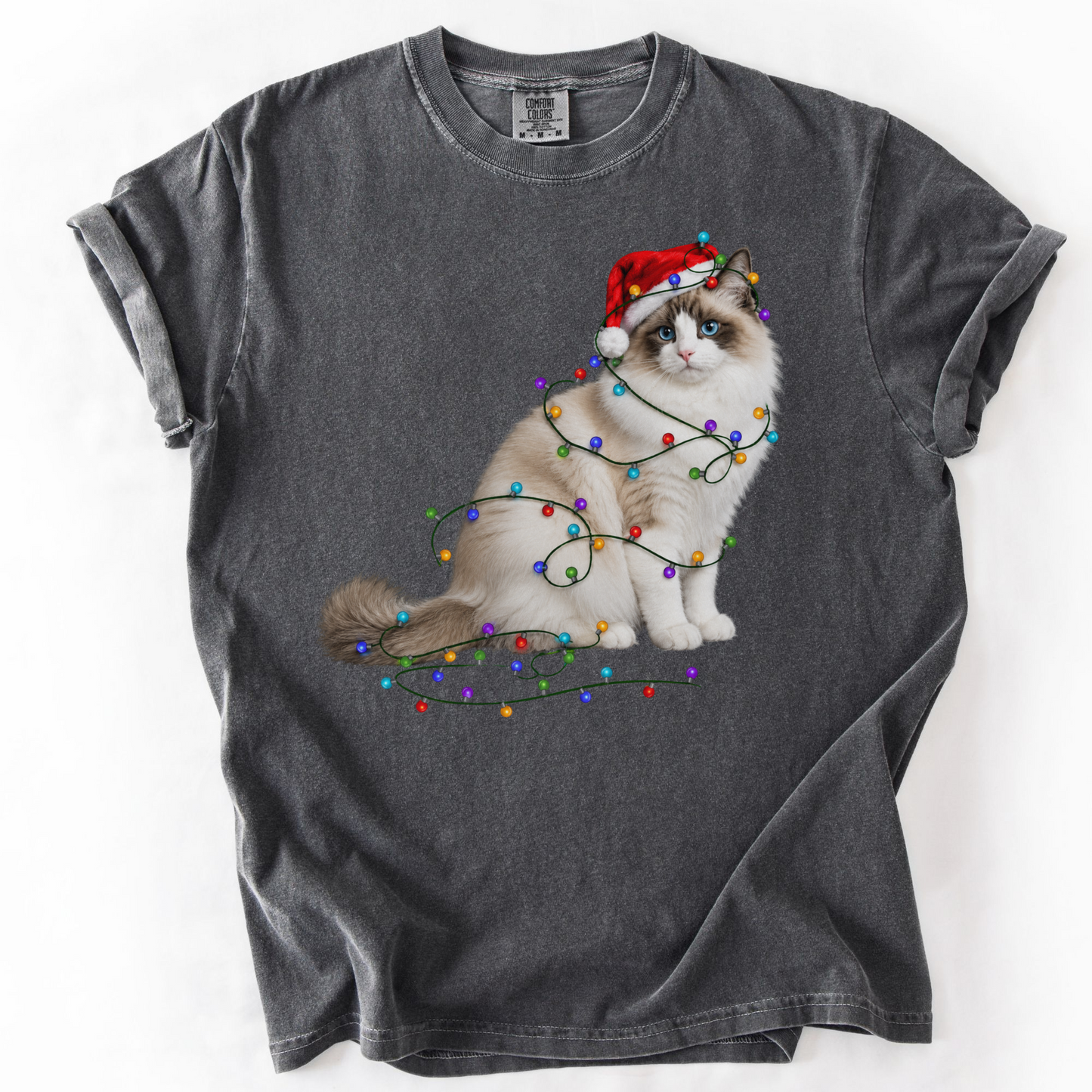 Ragdoll Cat Christmas Lights Shirt, Comfort Colors Holiday Cat Lover Tee