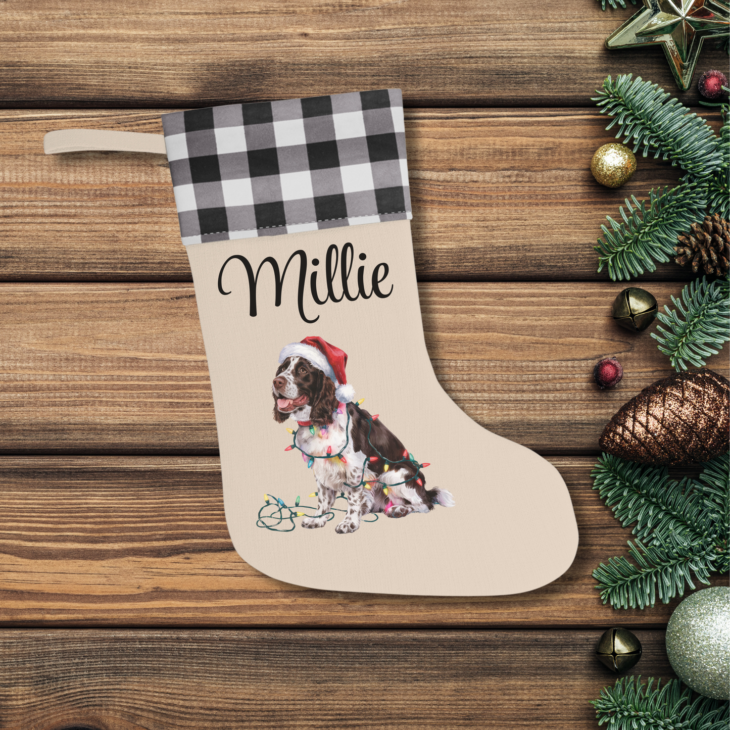 Personalized Brown Springer Spaniel Christmas Stocking, Holiday Decor Gift for Pet Lovers