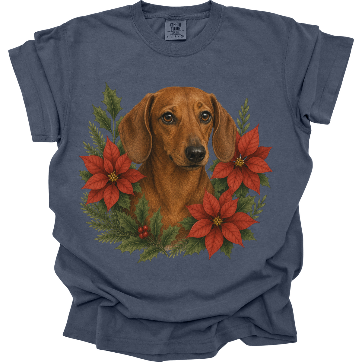 Red Dachshund Christmas Shirt, Poinsettia Doxie Mom Holiday Tee