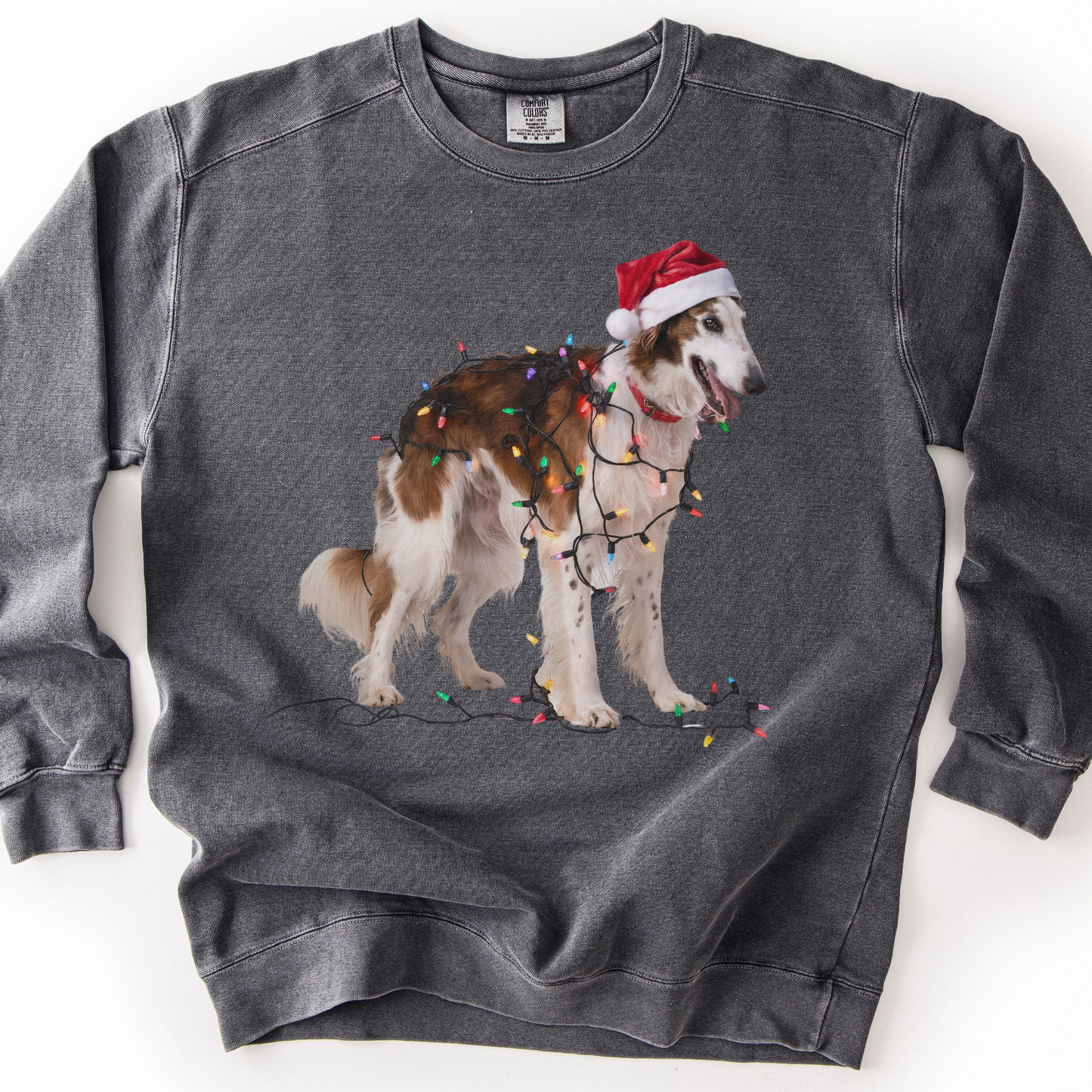 Christmas Borzoi Sweatshirt, Dog Wrapped in Lights, Festive Dog Lover Apparel