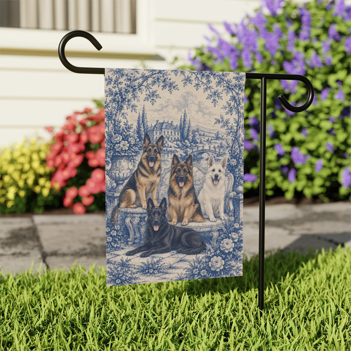 German Shepherd Garden Flag, Blue Toile GSD Yard Decor, Shepherd Mom Gift, Garden Banner
