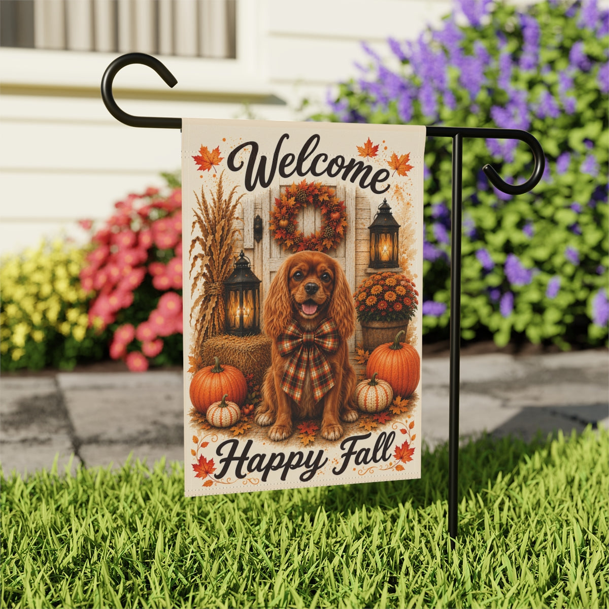 Ruby Cavalier Welcome Fall Garden Flag, Autumn Dog Porch Decor, Cavalier Lover Gift