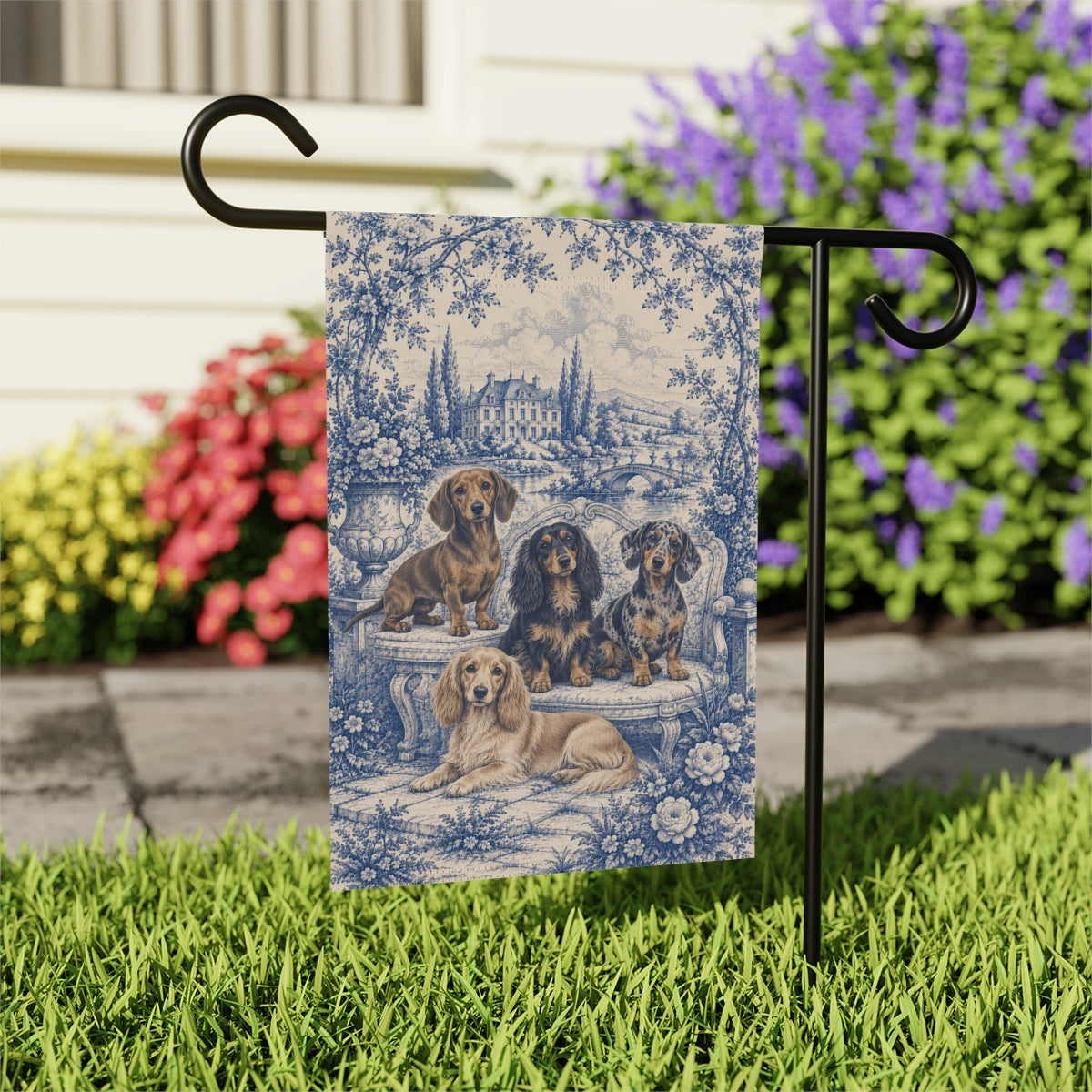 Dachshund Garden Flag, Blue Toile Doxie Yard Decor, Dachshund Mom Gift, Garden Banner