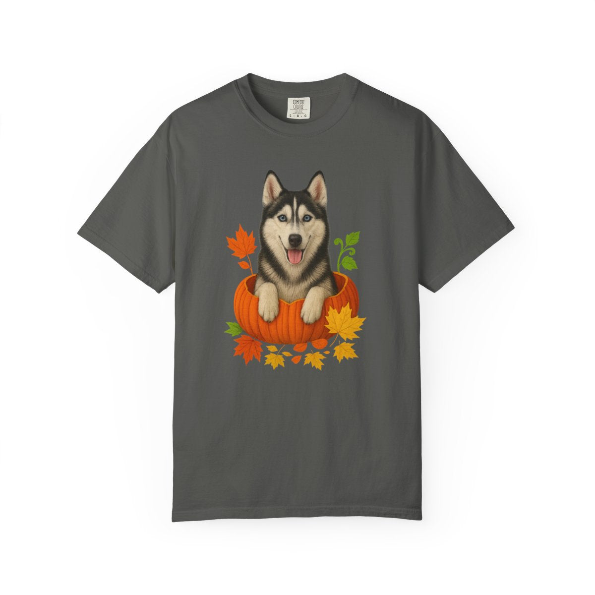 Husky Pumpkin Shirt, Cute Fall Dog Lover Tee with Siberian Husky and Autumn Leaves