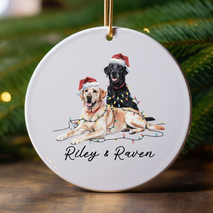 Personalized Yellow Black Lab Christmas Ornament, Festive Dog Lights, Ceramic Keepsake