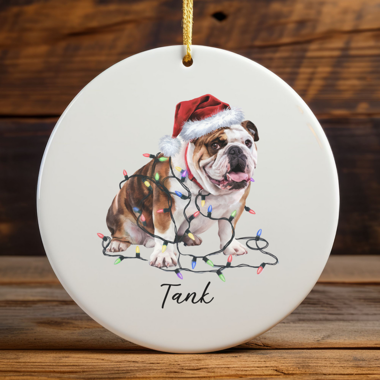 Personalized Bulldog Christmas Ornament, Ceramic Dog Lover Keepsake, Festive Lights Decoration